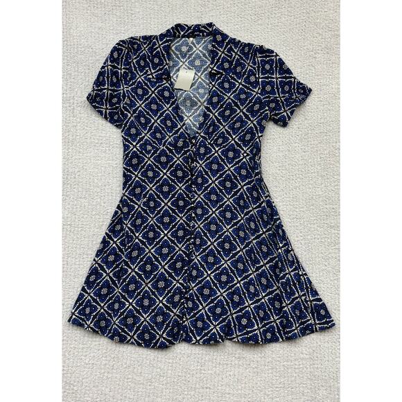 Free People Women's Blue Print Short Sleeve Dress Size 2 #61134 - Picture 1 of 3